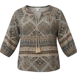 St Johns Bay Woman 2X Peasant Top Brown Paisley Tassel Tie 3/4 Sleeve Blouse